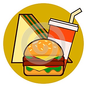 Cartoon fast food combo icon - hamburger, sandwich, soda  illustration isolated on background