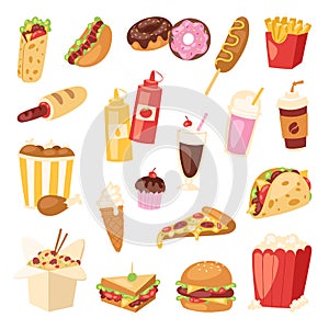 Cartoon fast food unhealthy burger sandwich, hamburger, pizza meal restaurant menu snack vector illustration. photo