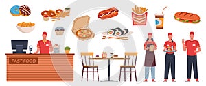 Cartoon fast food workers. Bistro waiters in uniform, cafe elements, furniture, products and packaging in flat style photo