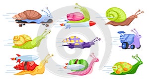 Cartoon fast snails. Turbo rocket fast-moving snail, playful gastropod on skateboard, slow run and humorous race vector photo