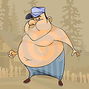 Cartoon fat big bellied and cheeky man looks cunningly