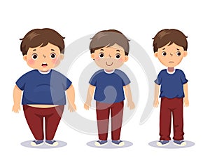 A cartoon fat boy, average boy, and skinny boy. Boy with different weight photo
