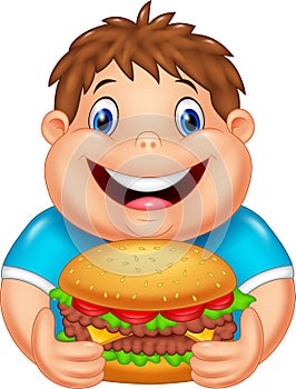 Cartoon fat boy eating big burger