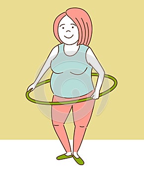 Cartoon fat girl exercising with hula hoop, vector illustration