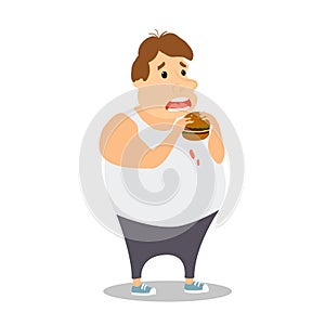 Cartoon Fat Man eating Burger. Vector