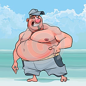 Cartoon fat man with naked torso on the seashore