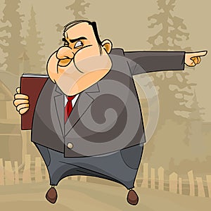 Cartoon fat man in a suit and a book angrily points his hand