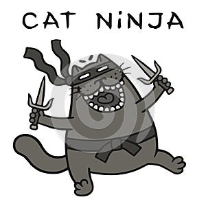 Cartoon fat ninja cat with sais is attacking. vector illustration. photo