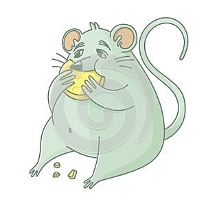 Cartoon fat rat eating tasty cheese. Vector