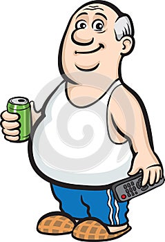 Cartoon fat retired man with beer can and tv remote