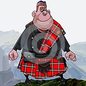 Cartoon fat smiling redhead scottish highlander in kilt standing high in the mountains