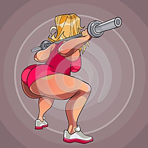 Cartoon fat woman squatting with the neck for the rod photo