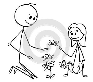 Cartoon of Father and Daughter Watching Flowers and Butterflies