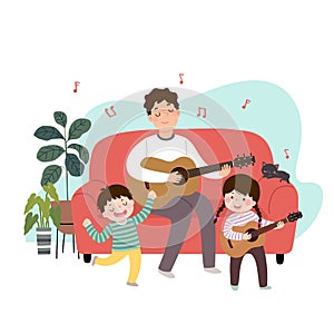 Cartoon father playing guitar and singing with his children at home. Family enjoying time at home concept