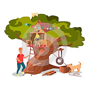 Cartoon Father Son Dog Build House on Tree Garden