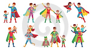 Cartoon father superhero. Happy fathers day, super parent with kids and hero dad vector illustration set