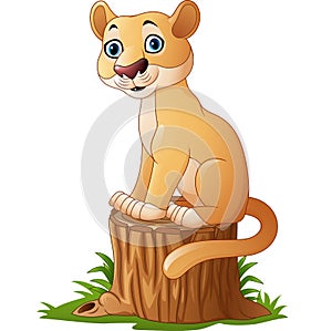 Cartoon feline sitting on tree stump