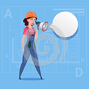 Cartoon Female Builder Holding Megaphone Making Announcement Woman Construction Worker Over Abstract Plan Background