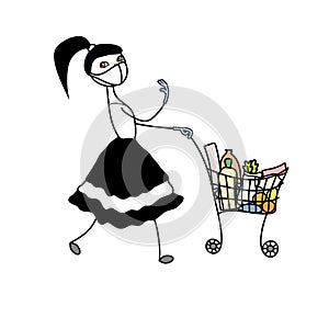 Cartoon female character buying food during coronavirus covid pandemy.