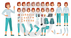 Cartoon female character kit. City in casual clothing woman creation constructor, different hands, legs and body poses