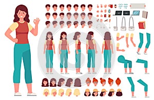 Cartoon female character kit. Woman casual clothes animation body parts. Girl constructor with hand gestures and various