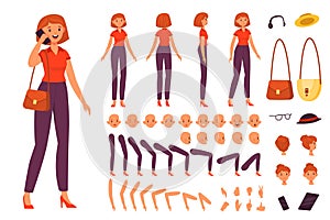 Cartoon female character kit. Young woman with individual body parts constructor kit, different angles view. Girls