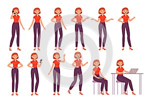 Cartoon female character poses. Happy woman in different poses, actions and emotions, standing and sitting, working on