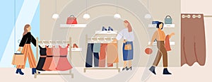 Cartoon female customer inside trendy clothes store vector flat illustration