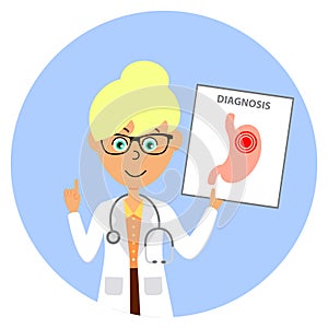 Cartoon female doctor character showing image of unhealthy  stomach. Healthcare concept.