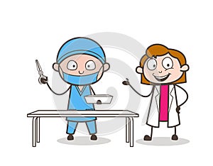 Cartoon Female Doctor Introducing to Cardiologist Surgeon