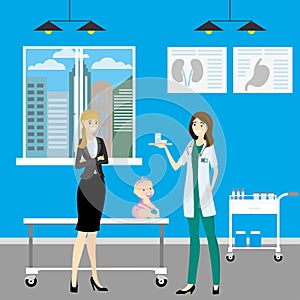 Cartoon female doctor and mother with child,hospital room,