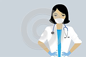 Cartoon female doctor or nurse close up. Beauty asian medical person in uniform, protective mask and gloves