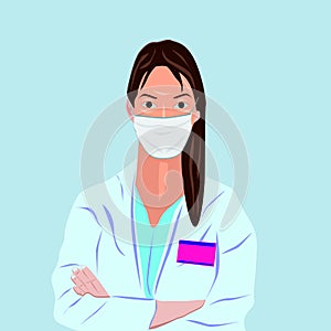 Cartoon female doctor or nurse close up. Beauty asian medical person in uniform, protective mask and gloves. Woman character in