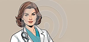 Cartoon of a female doctor with stethoscope, smile, eye, and arm showing