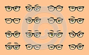 Cartoon female eyes. Colored vector closeup eyes with glasses. Female woman eyes and brows image collection set. Emotions eyes. Il