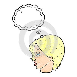 cartoon female face with narrowed eyes with thought bubble