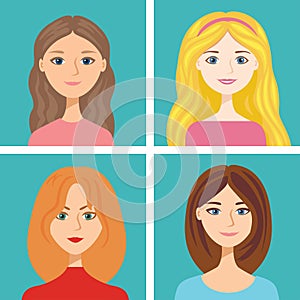 Cartoon female faces set isolated on blue background. Vector illustration of girls with different hair colors in flat style.