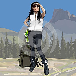 Cartoon female hiker with backpack looking into the distance in the mountains