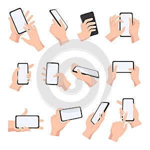 Cartoon female or male hands hold smartphones with empty screens. Phone concept for mobile apps, video, social network