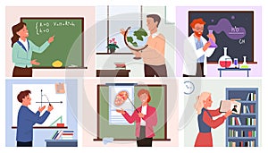 Cartoon female and male teacher or professor teaching math, chemistry, biology or literature near class board. Education