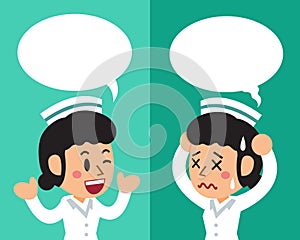 Cartoon female nurse expressing different emotions with speech bubbles