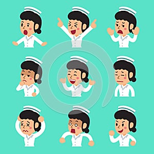 Cartoon female nurse faces showing different emotions set