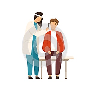 Cartoon female otolaryngologist checking ears of patient use otoscope vector flat illustration. Woman doctor examination