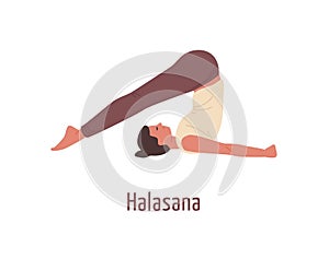 Cartoon female practicing yoga in halasana pose isolated on white. Sports woman in Plow position vector flat photo