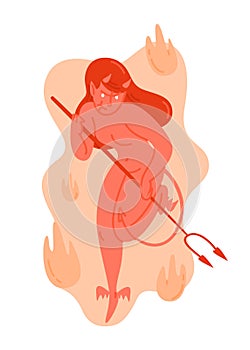 Cartoon female red devil holding pitchfork vector flat illustration. Angry demon woman creature with horns surrounded by