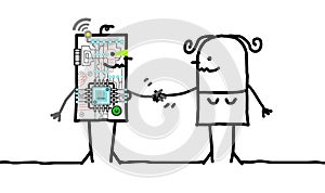 Cartoon female Robot and Woman meeting and Shaking Hands