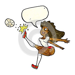 cartoon female soccer player kicking ball with speech bubble