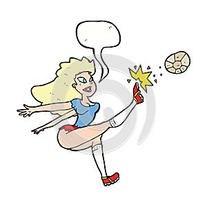 cartoon female soccer player kicking ball with speech bubble