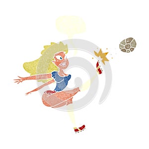 cartoon female soccer player kicking ball with speech bubble