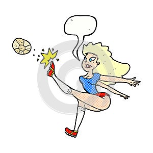 cartoon female soccer player kicking ball with speech bubble